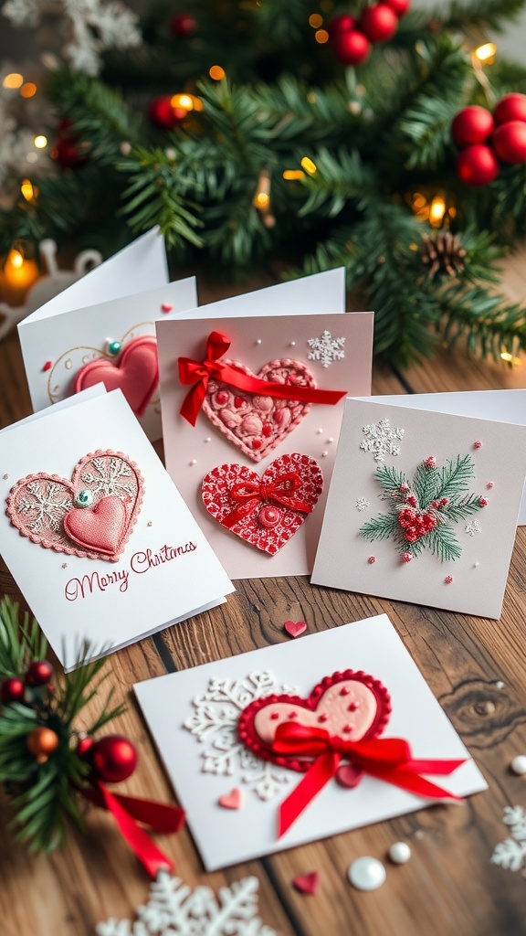 A collection of handmade romantic Christmas cards with decorative designs and embellishments on a wooden table.